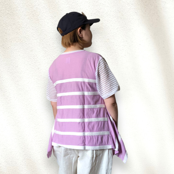 シースルー袖と揺れる裾がかわいいフィッシュテールTシャツ綿カットソーLサイズ 17枚目の画像