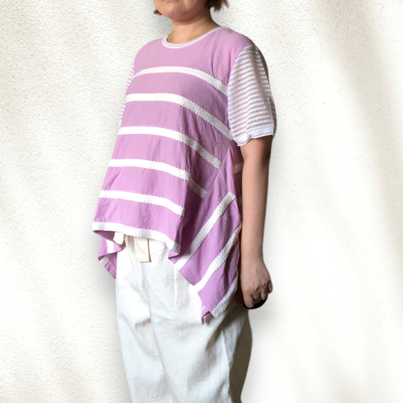 シースルー袖と揺れる裾がかわいいフィッシュテールTシャツ綿カットソーLサイズ 6枚目の画像