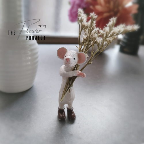 ねずみ ミニチュア オブジェ 置物 粘土 ドライフラワー 立体・オブジェ