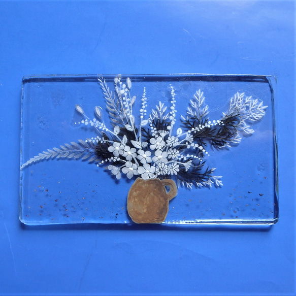 【花びん-茶】GLASS白灰釉mini絵画　スタンド付き　インテリア　野の花　一点物 6枚目の画像
