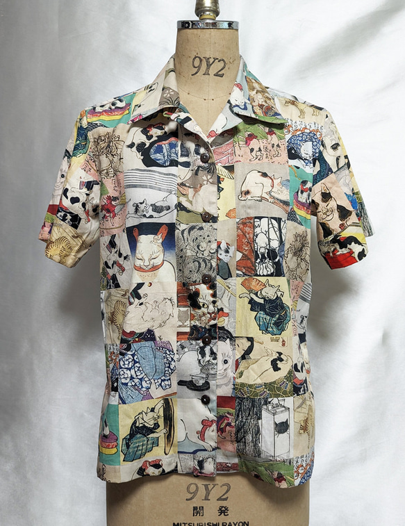 CHIGRACCI「 ニャロハシャツ 」猫柄アロハシャツ 　浮世絵モンスターキャット柄　レディースサイズ 3枚目の画像