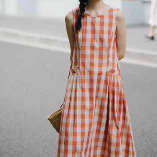 R5056 イチアンティークス ノースリーブロングワンピース リネン チェック R5056 イチアンティークス ノースリーブロングワンピース リネン
