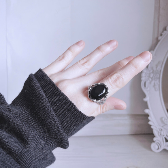 silver925　ブラックオニキス　リング　＊　大粒　指輪　天然石　フリーサイズ　黒 2枚目の画像