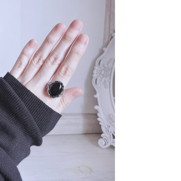silver925　ブラックオニキス　リング　＊　大粒　指輪　天然石　フリーサイズ　黒 6枚目の画像