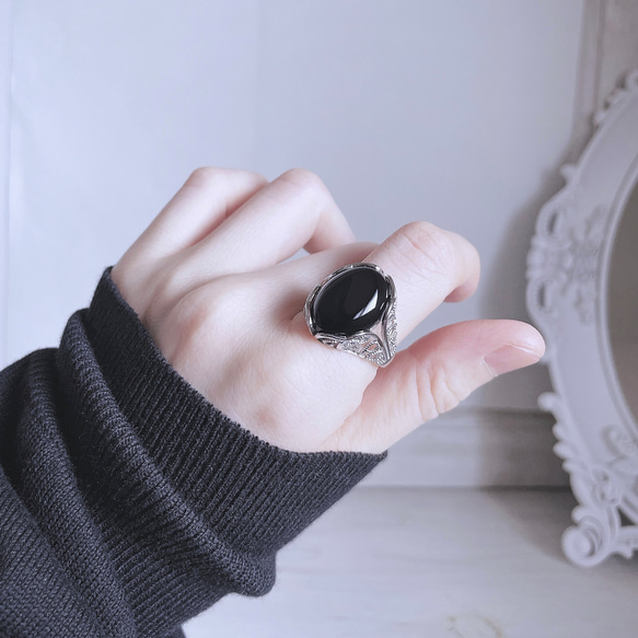 silver925　ブラックオニキス　リング　＊　大粒　指輪　天然石　フリーサイズ　黒 5枚目の画像