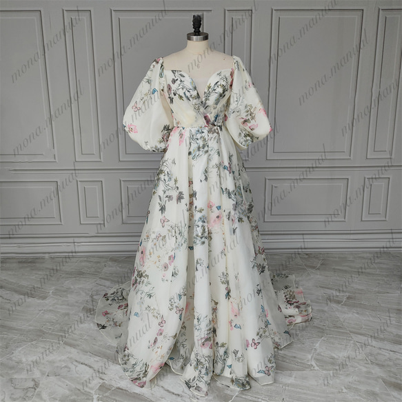 オフショルダー 花柄 Vネック 上品 エレガント ウェディングドレス 663