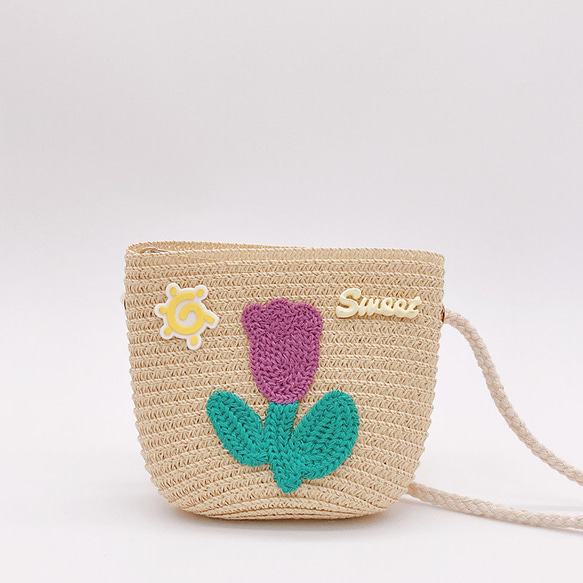 かごバッグ ショルダー チューリップ 花手作りハンドバッグ かわいいホリデー旅行ビーチ サマーバッグ 編みバッグ 10枚目の画像