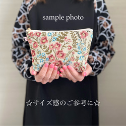 インド刺繍×帆布☆大きめサイズ/マルチポーチ〈マスタード・フラワーガーデン〉 7枚目の画像