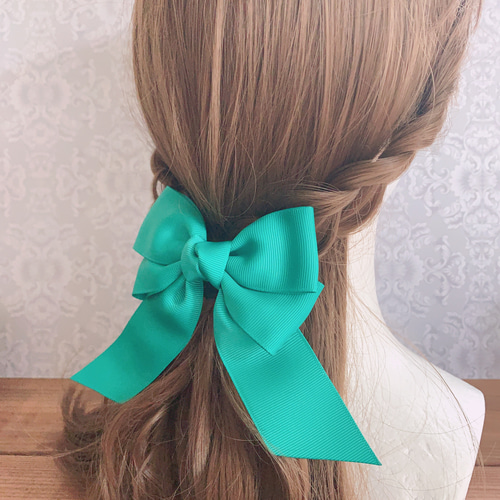 ビッグダブルリボン エメラルドグリーン 緑 リボンヘアアクセサリー  