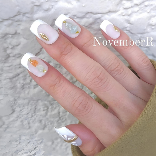 LA669☆おしゃれフレンチ×天然石ネイルチップ ネイルチップ（つけ爪