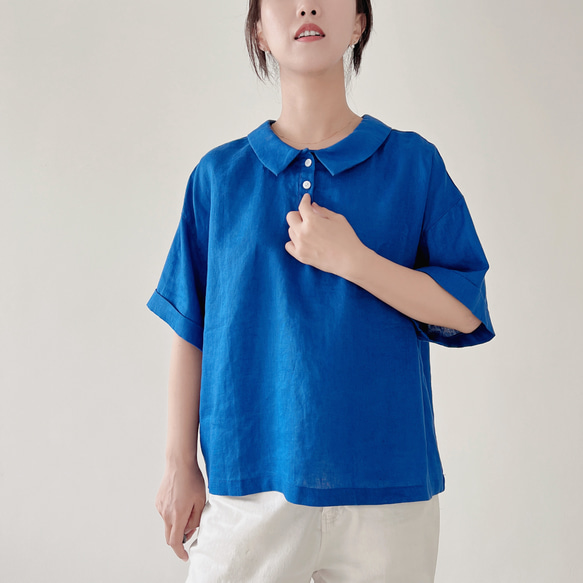 【夏の支度】100%リネン*両面着用ブラウス/定番ポロネック/三粒ボタン*2色展開*T-98 CR 6枚目の画像