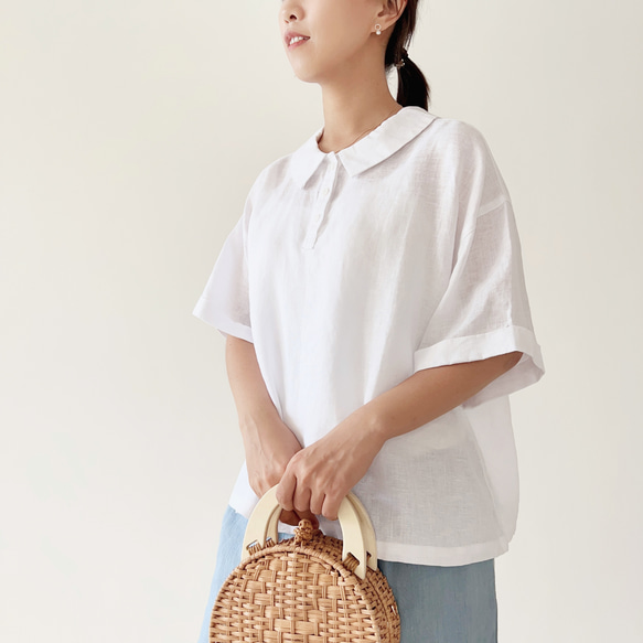 【夏の支度】100%リネン*両面着用ブラウス/定番ポロネック/三粒ボタン*2色展開*T-98 CR 13枚目の画像