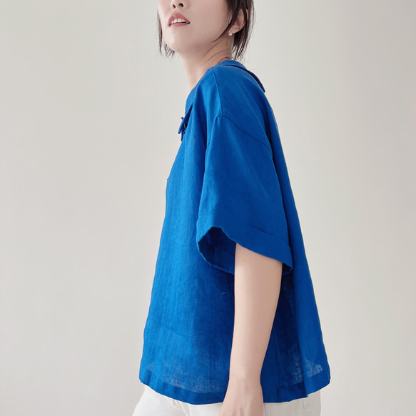 【夏の支度】100%リネン*両面着用ブラウス/定番ポロネック/三粒ボタン*2色展開*T-98 CR 9枚目の画像