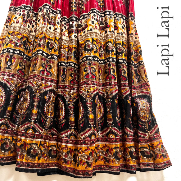 【タイムセール】インド綿サマースカート レッド×ブラック 2枚目の画像