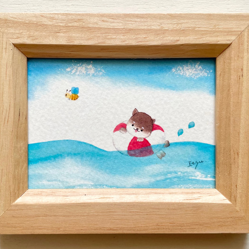 透明水彩画 ミニ額「豆柴ちゃんの海遊び」イラスト プチギフト
