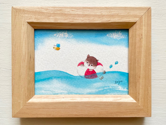 透明水彩画 ミニ額豆柴ちゃんの海遊びイラスト プチギフト 夏