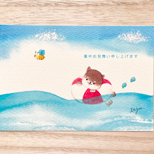 透明水彩画 3枚セット「豆柴ちゃんの海遊び」イラスト ポストカード