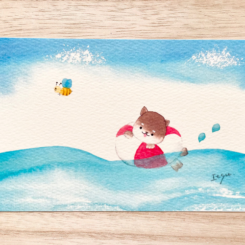 透明水彩画 3枚セット「豆柴ちゃんの海遊び」イラスト ポストカード