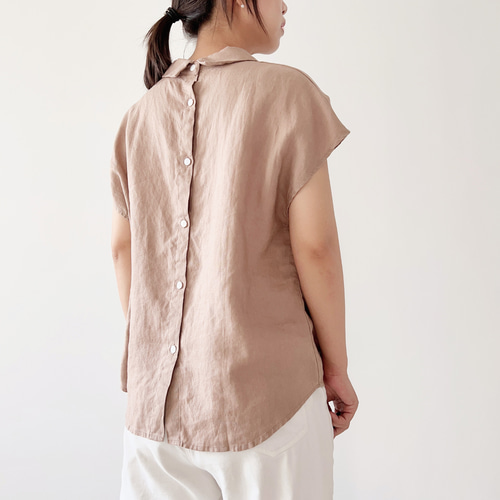25191 ハルソラタンリネン100% 後ろギャザー開襟ブラウス【L】