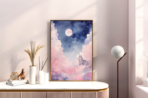 紫雲の中にいる夢見るオオカミ A4ポスター｜水彩画・おしゃれ