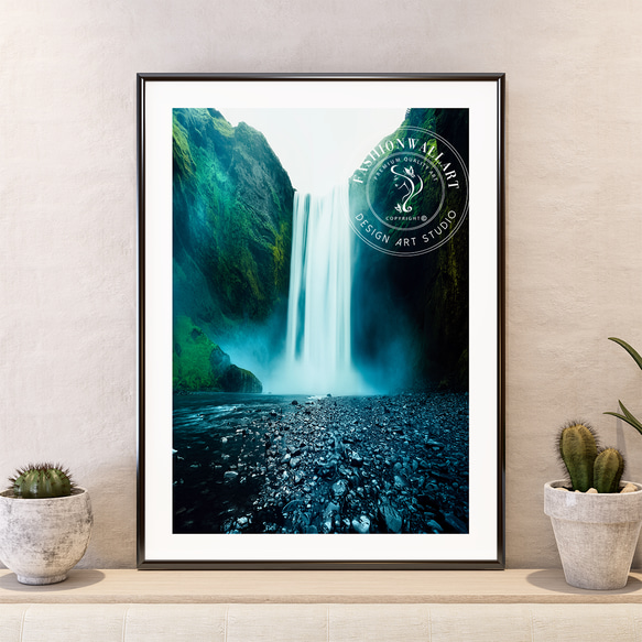 アートポスター 神秘的な滝景色 エメラルドグリーン 癒しの水景 自然