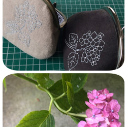 紫陽花　ボタニカル　手刺繍　リネンのがま口　 6枚目の画像
