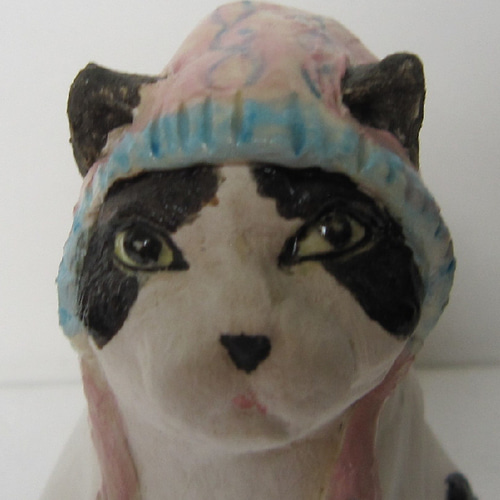 土鈴MINI猫 1点物 黒ブチ・桜色帽子 陶器 置物 c-6 招き猫 すず音窯  