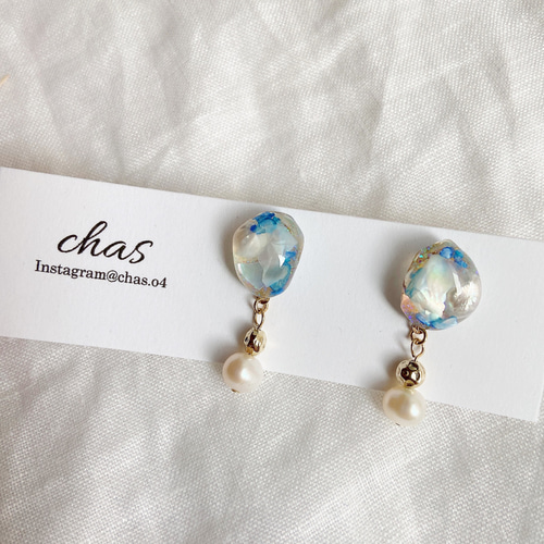 淡水パールが揺れるブルーシェルレジンピアス イヤリング ピアス