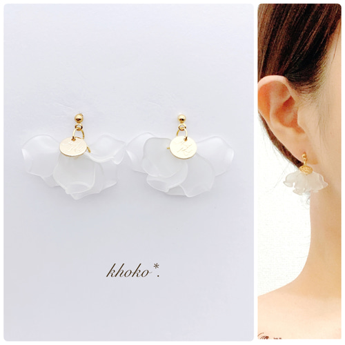 再販♡カスリ加工プレート×ベッコウ風チャームのピアス（イヤリング 