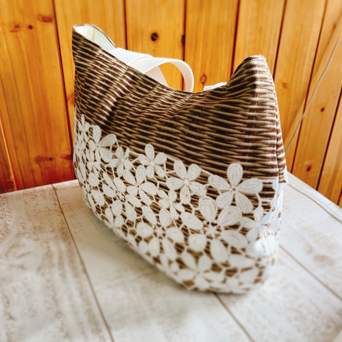 ハンドメイド バスケット＆レースプリント 丸いトートバッグ トート