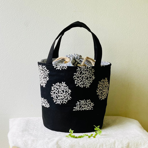 バケツ型バッグ＊フラワー刺繍・黒 バケツバッグ k* 通販