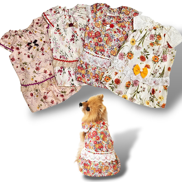 【オーダー】 犬猫服  フリル袖ワンピース   花柄 可愛い わんこ服 犬服 猫服  ピンク系 6枚目の画像