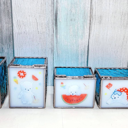 ステンドグラス 小物入れ 「白くまの夏休み☆ミニBOX」 フリー