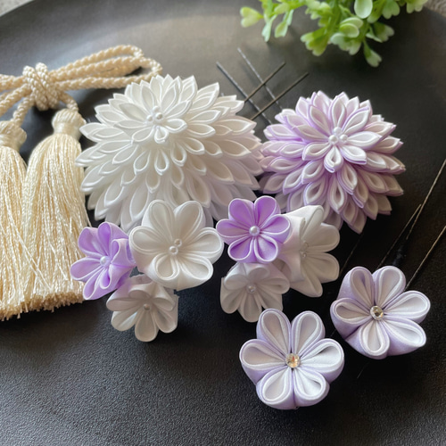 花かんざし　つまみ細工　パープル 髪飾り ヘッドドレス つまみ細工 水引 成人式 パープル 紫