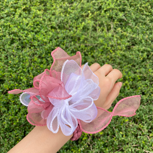 ピンクフラワーリボン編み込みスクラッチヘアアクセサリー ヘアゴム  