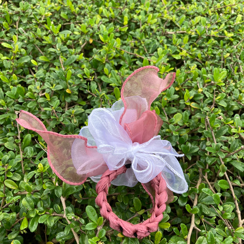 ピンクフラワーリボン編み込みスクラッチヘアアクセサリー ヘアゴム  