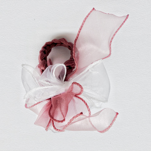 ピンクフラワーリボン編み込みスクラッチヘアアクセサリー ヘアゴム  