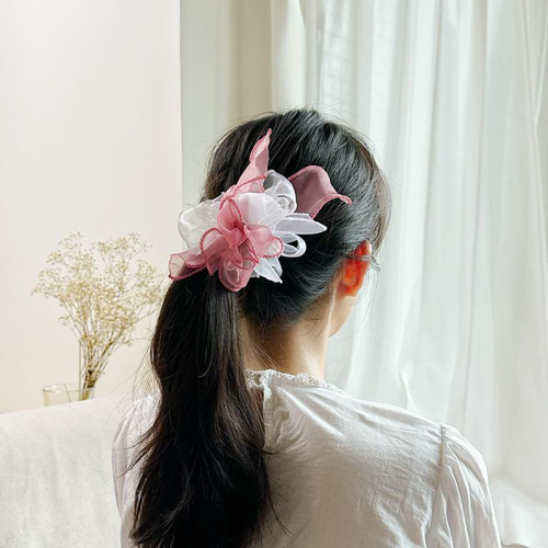 ピンクフラワーリボン編み込みスクラッチヘアアクセサリー ヘアゴム  