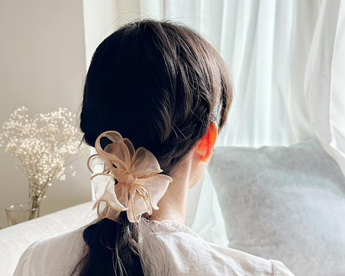 ブラウンフラワーリボン編み込みヘアゴムヘアアクセサリー ヘアゴム