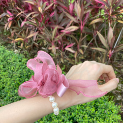 粉紅色系 珍珠 花型 蝴蝶結 超小 髮圈 第3張的照片