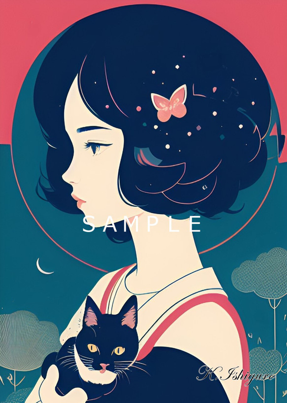 猫と女性(昭和レトロ風イラスト)A4額付き　№s-1054 1枚目の画像