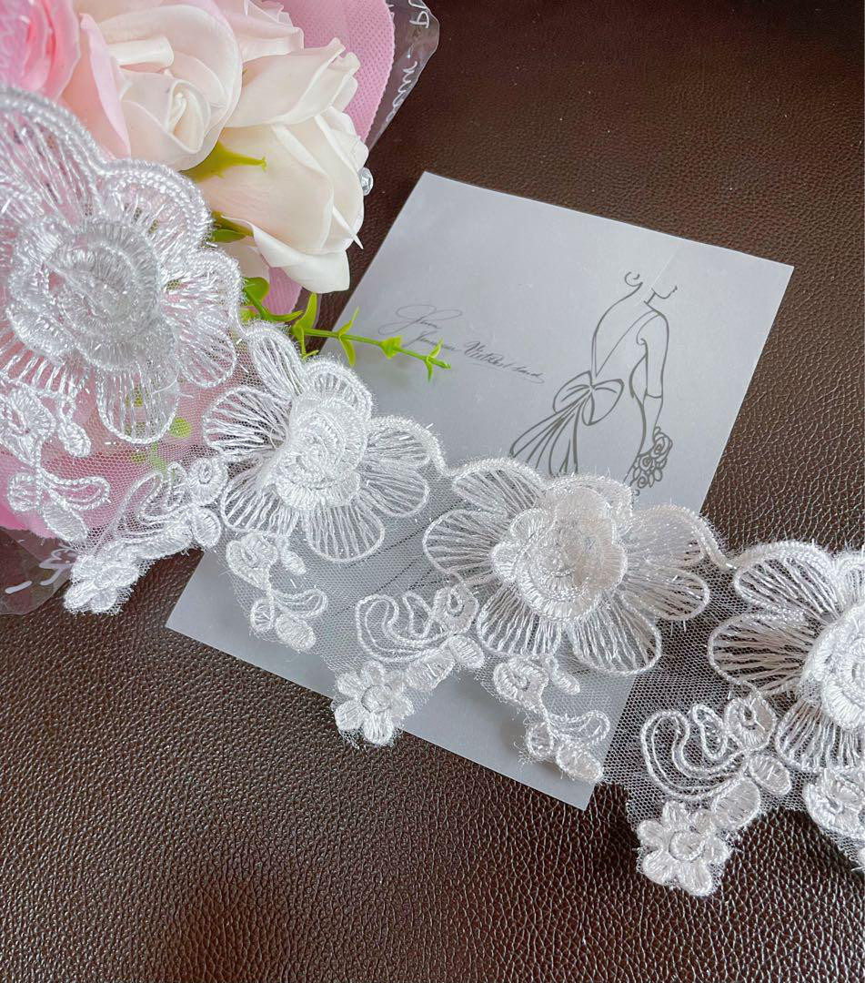 X226 白色キラキラ立体花柄刺繍チュールレース生地 手芸用品 レース
