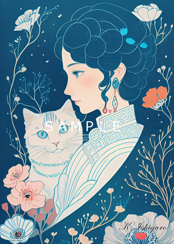 猫と女性(昭和レトロ風イラスト)A4額付き　№s-1144 1枚目の画像