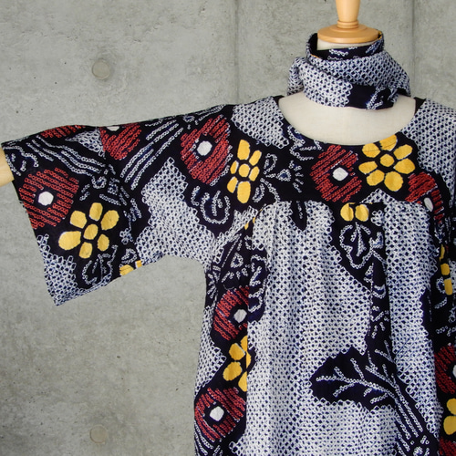 着物リメイク 絞りのチュニックワンピース/フリーサイズ kimono