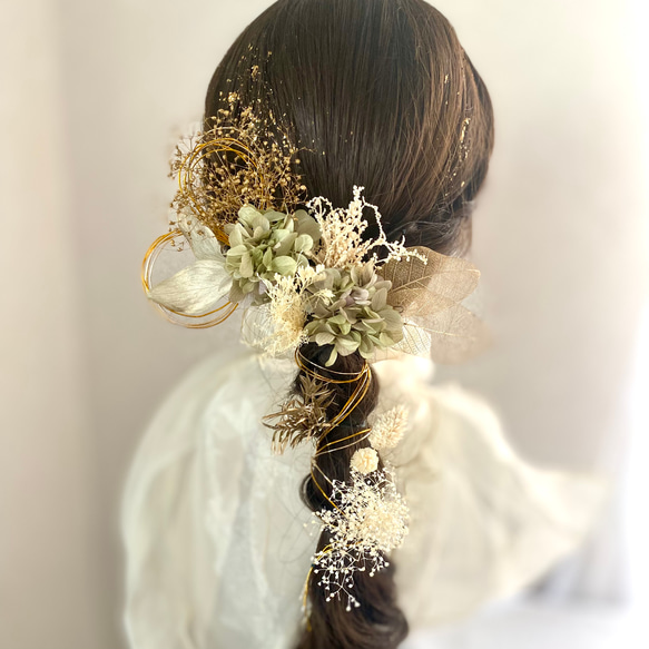 グリーンアジサイのかんざし髪飾り 成人式和装 結婚式 アップスタイル