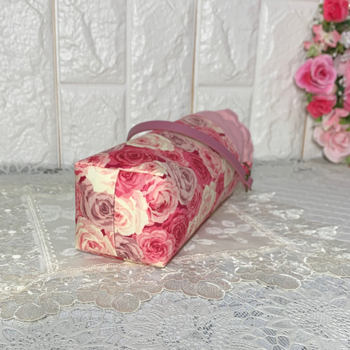 ペットボトルカバー 輸入生地 薔薇柄/ピンク 本革持ち手 ハンドメイド