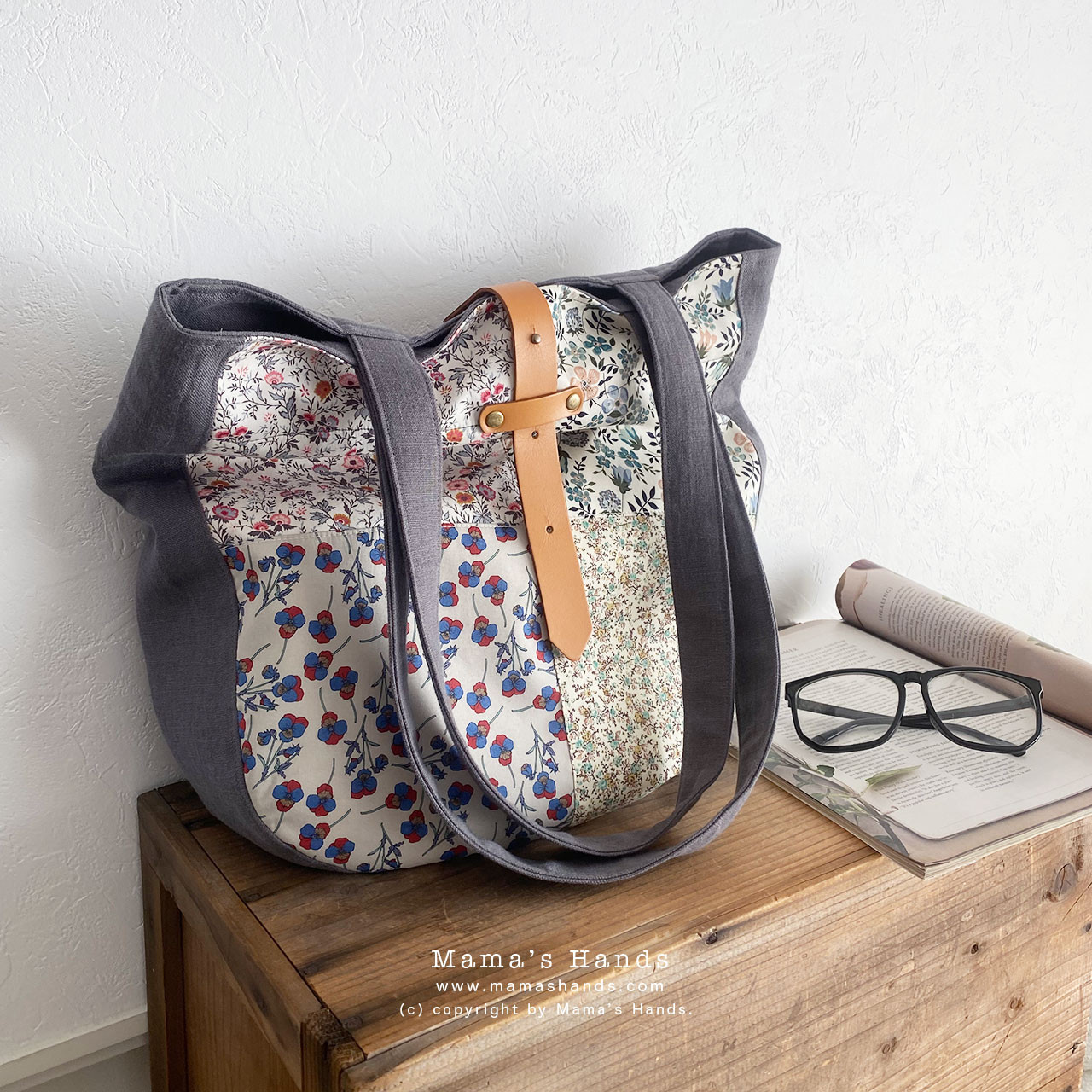 ⭐️5点売れました⭐️ おしゃれな リバティ パッチワーク 花柄 グレー 革 (中) 軽い トートバック