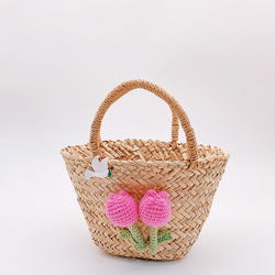 かごバッグ トートバッグ 花チューリップ手作りハンドバッグ かわいいホリデー旅行ビーチ サマーバッグ 編みバッグ 3枚目の画像