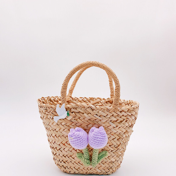 かごバッグ トートバッグ 花チューリップ手作りハンドバッグ かわいいホリデー旅行ビーチ サマーバッグ 編みバッグ 10枚目の画像