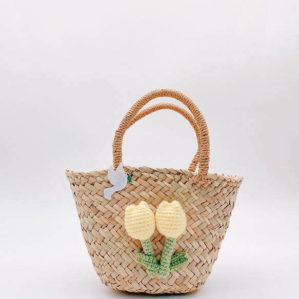かごバッグ トートバッグ 花チューリップ手作りハンドバッグ かわいいホリデー旅行ビーチ サマーバッグ 編みバッグ 7枚目の画像